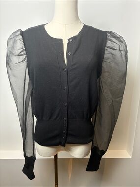 Sheer Puff Sleeve Black Button-Front Cardigan